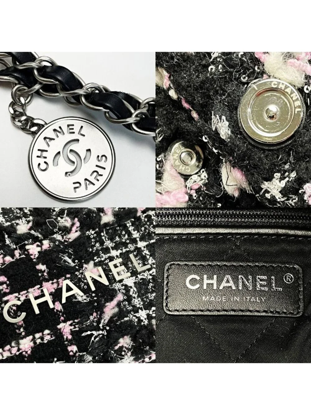 Chanel 22 Black Pink Shoulder Bag Tweed Silver